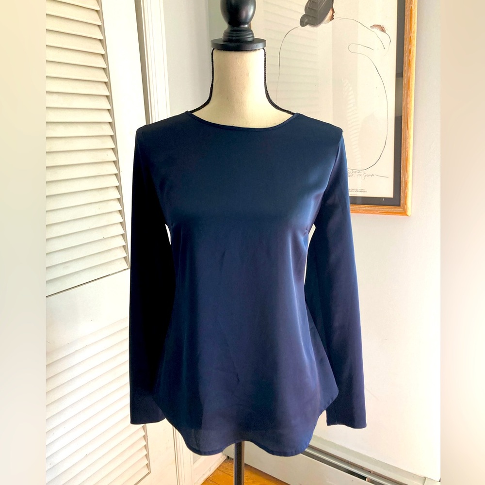 BANANA REPUBLIC Women's Navy Pullover Shimmering Blouse top long-sleeve | SMALL